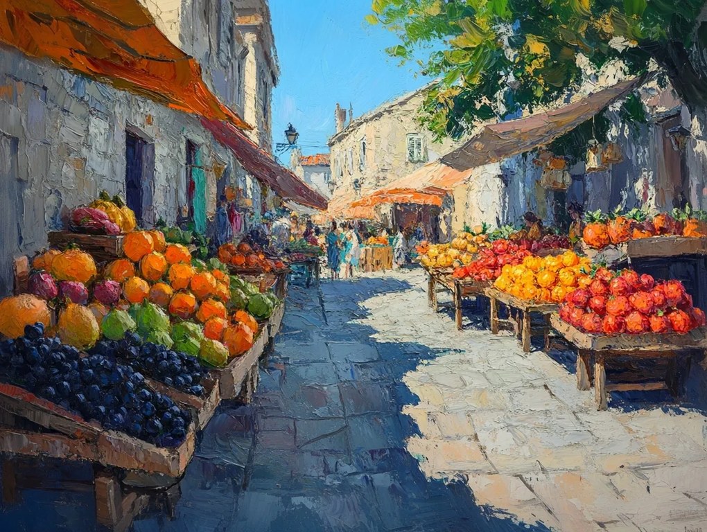 Vászonkép Canvas Mediterrán Táj Utca Piac Gyümölcs 100x75