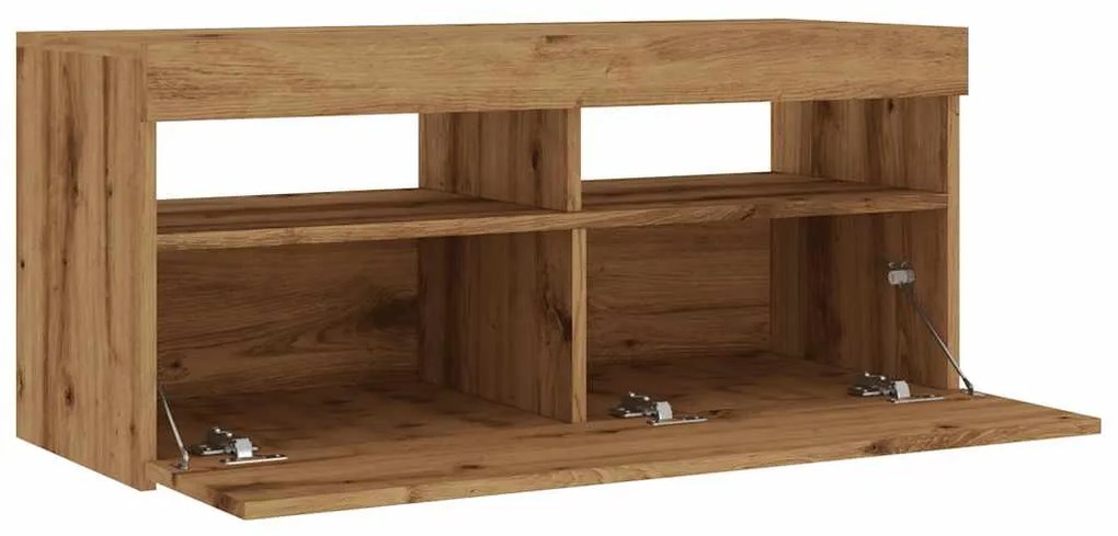 kézműves tölgy szerelt fa TV-szekrény LED-ekkel 90x35x40 cm