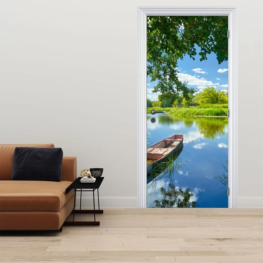 Fotótapéta ajtóra - Nyári folyó csónakkal (95x205cm)
