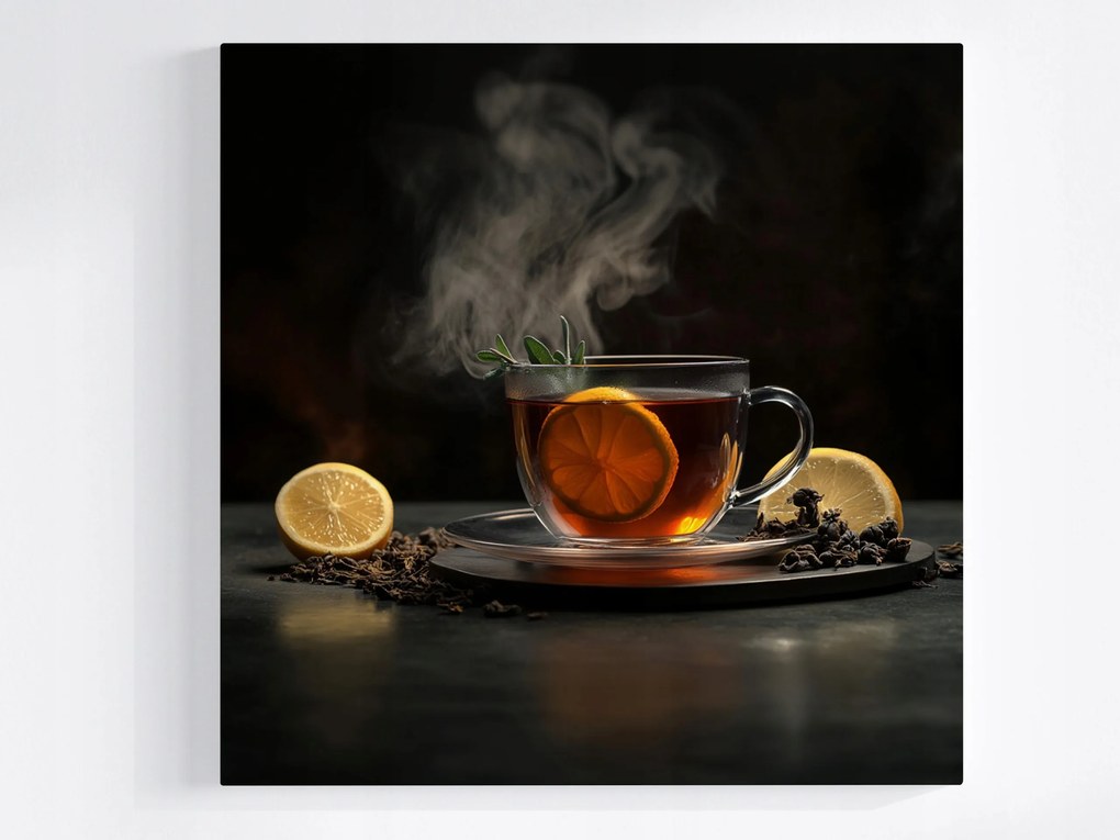Vászonkép Canvas Fekete Tea Ital Főzet Levelek Citrom 80x80