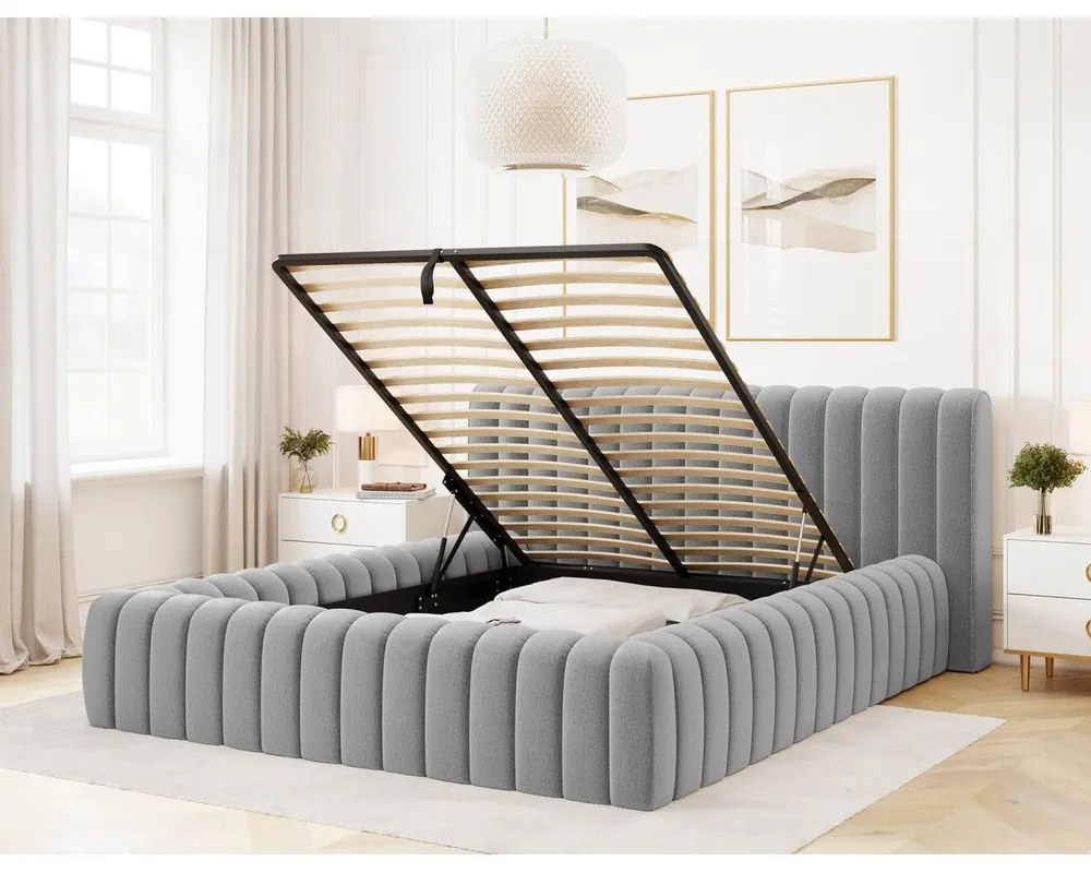 Világosszürke kárpitozott ágyneműtartós franciaágy ágyráccsal 180x200 cm Carilla – ELTAP