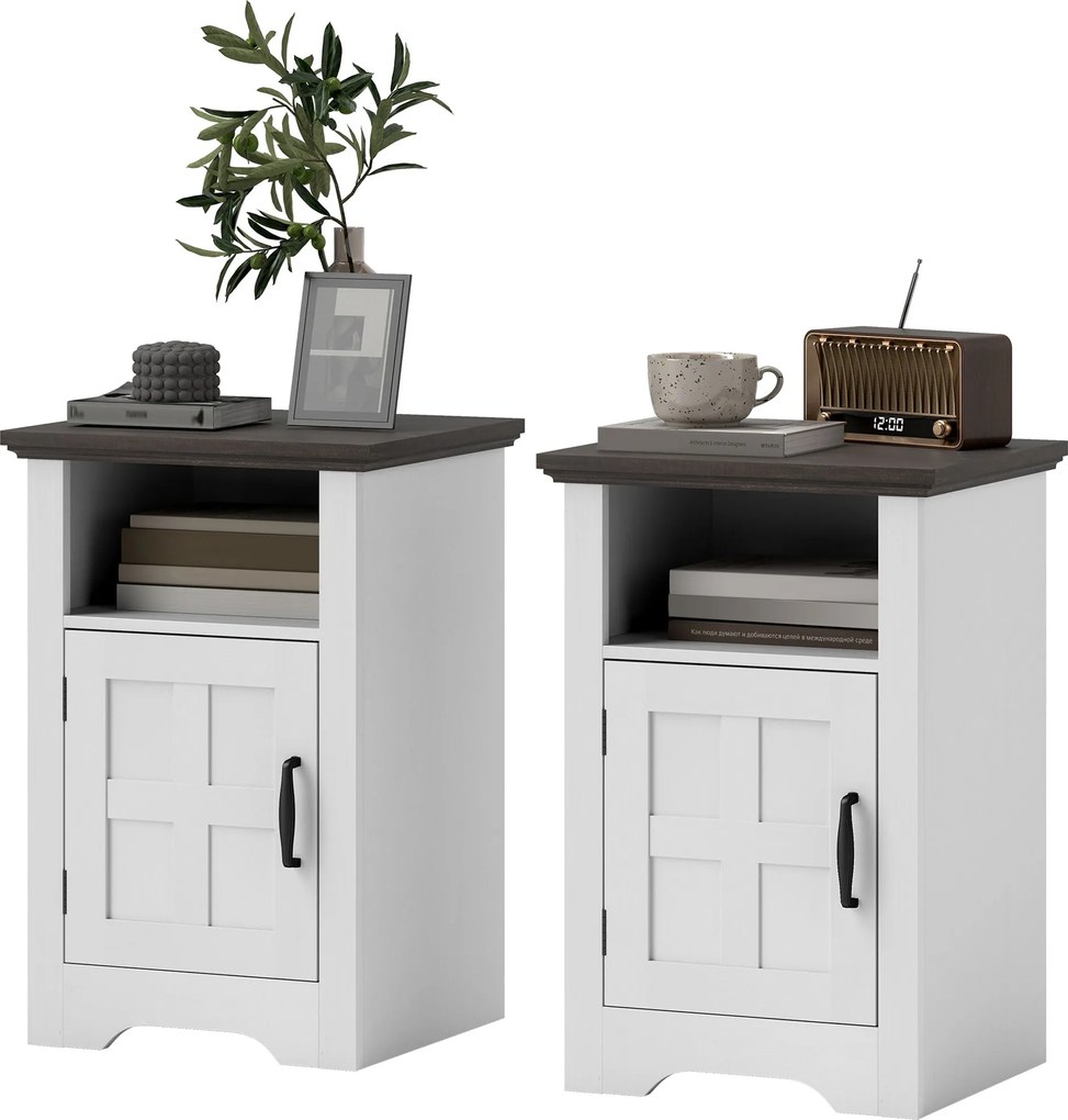 HOMCOM 2 db oldalsó asztal a nappaliba éjjeli szekrényekhez, pajta stílusú ajtóval és nyitott polccal, kicsi rusztikus kávézóasztalok hálószobához, fe