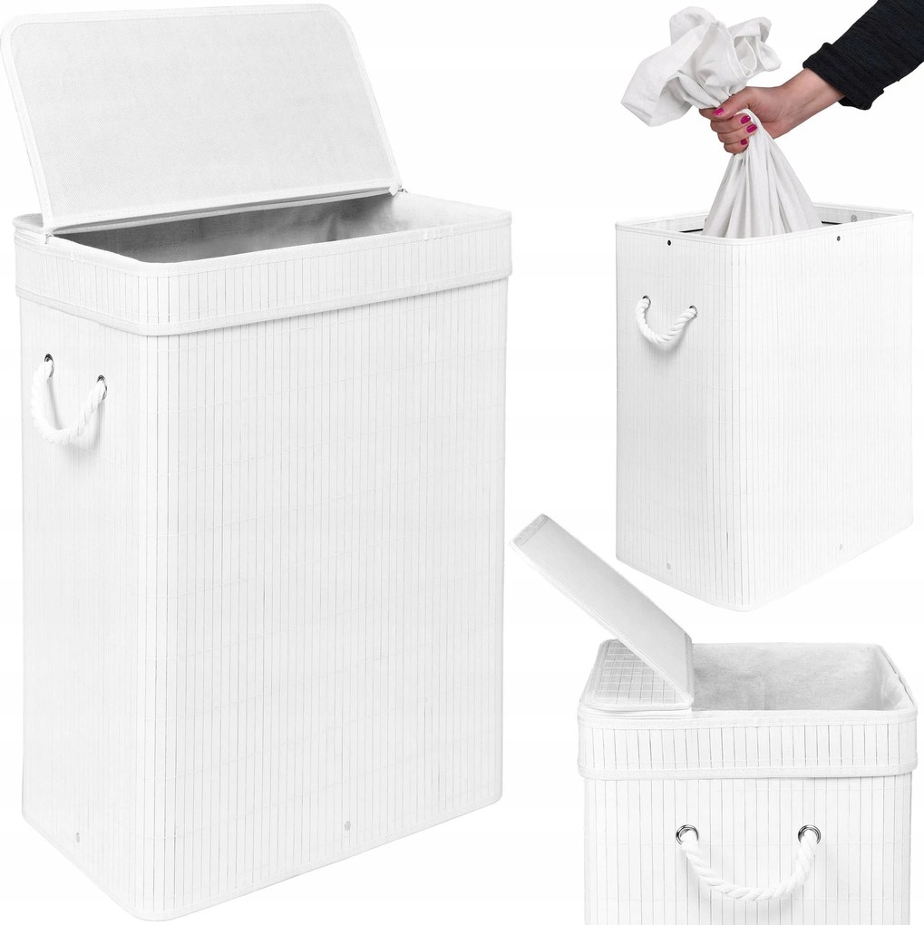 Bambusz szennyestartó kosár fedéllel Soren 80L fehér