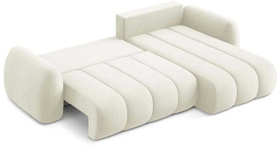 Bézs buklé kinyitható-tárolóhelyes sarokkanapé (jobb oldali-heverő résszel) Pele – Makamii