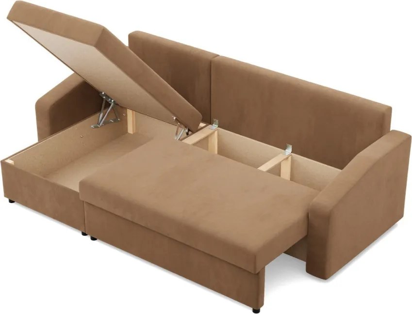 Zeus sarokkanapé, 2 ágyneműtartóval, döntött kartámasz, szövet anyag, univerzális oldal, bonell töltet, barna