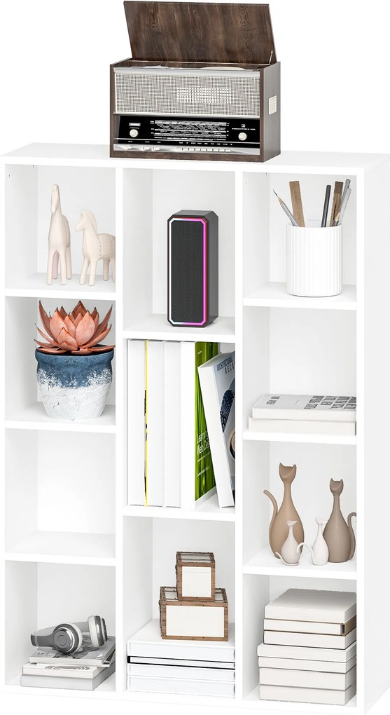 HOMCOM 4-Szintes Könyvespolc 11 Rekesszel, Függőleges vagy Vízszintes Elrendezés a Nappaliba, Irodába, Hálószobába 74,3x24x106 cm Fehér | Aosom