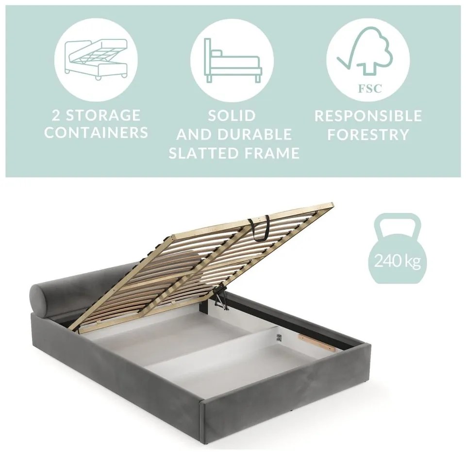 Sötétzöld kárpitozott ágyneműtartós franciaágy ágyráccsal 200x200 cm Solvo – Maison de Rêve