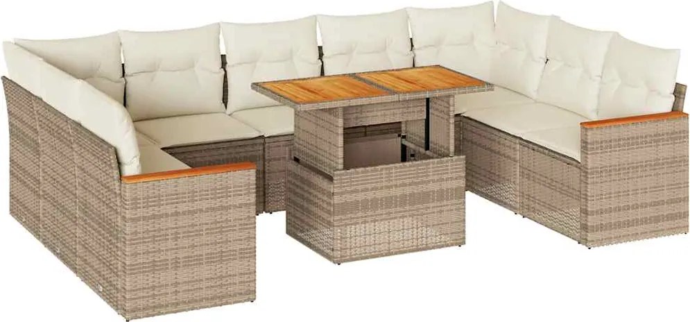 vidaXL 10 részes bézs polyrattan akácfa kerti ülőgarnitúra párnával