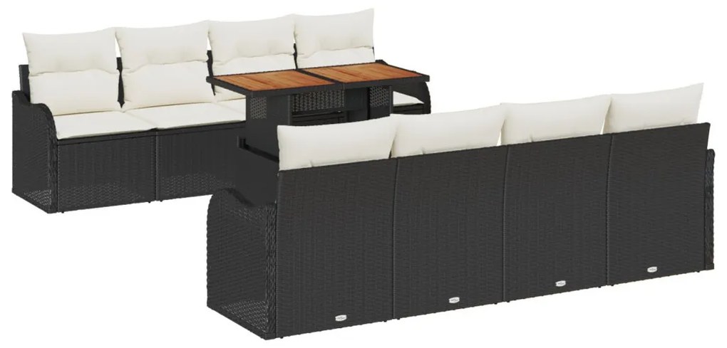 9 részes Kertibútor Szett Párnákkal Fekete Poli Rattan Akác, 2 fős Kertibútor Párnákkal Fekete Poli Rattan