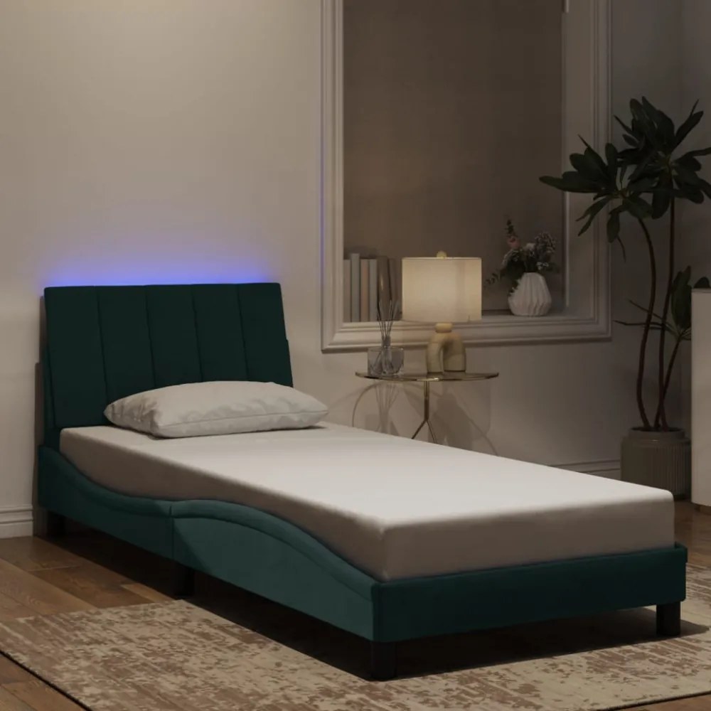 sötétzöld bársony ágykeret LED-világítással 80 x 200 cm