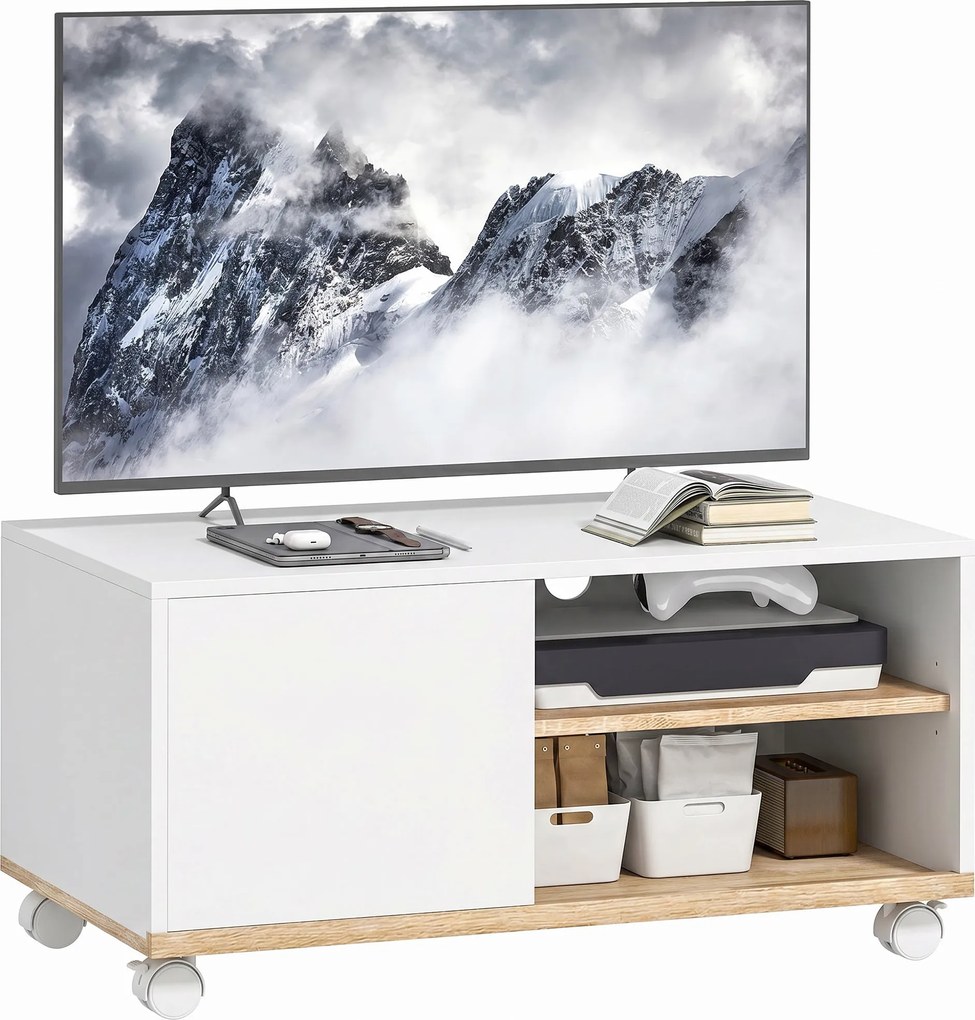 HOMCOM Rolling TV Stand with Cabinet, Cable Management & Adjustable Shelf, Fits TVs up to 32", White & Oak, 31.5 x 17.7 x 16.1 in | Aosom