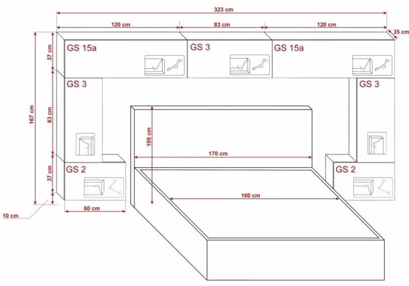 Prince Panama 6 hálószoba bútor magasfényű fekete (323cm)