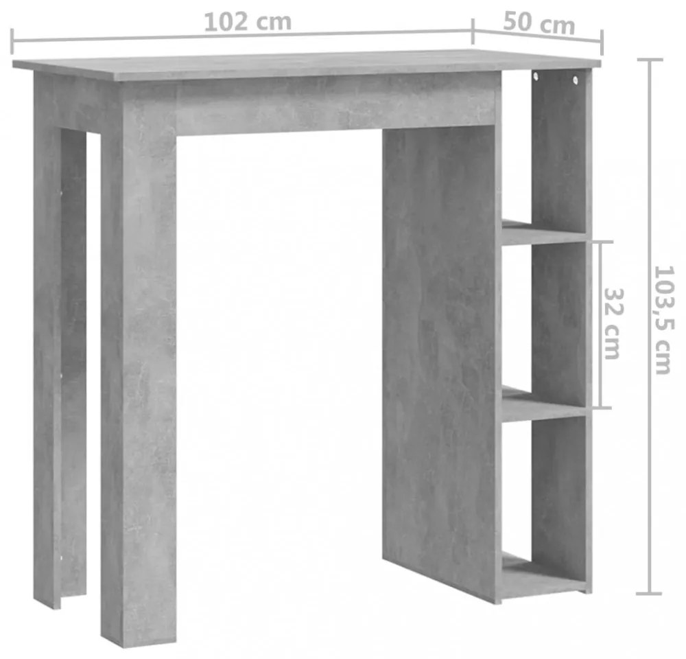 betonszürke szerelt fa bárasztal polccal 102 x 50 x 103,5 cm