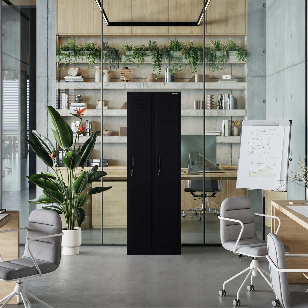 Pléh öltözőszekrény talpazaton, négymodulos, polcokkal KACPER II, 600 x 1800 x 500 mm, fekete