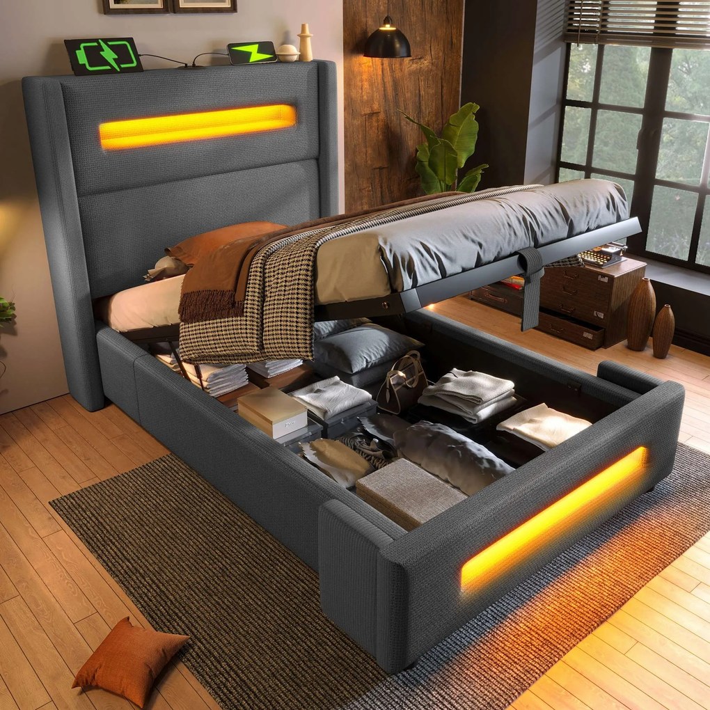 Kárpitozott ágy Egyszemélyes ágy 90x200 cm Usb Type-C Led Szürke+Matrac