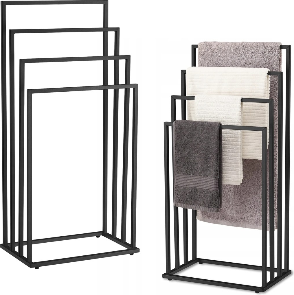 Törölközőtartó állvány 4 karos fekete Loft fém matt szabadon álló