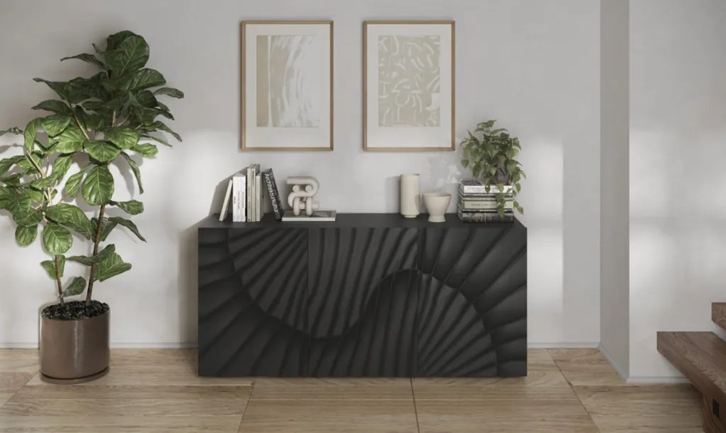 SNAKE háromajtós komód, antracitszürke laminált testtel és antracitszürke, díszített mintázatú előlapokkal