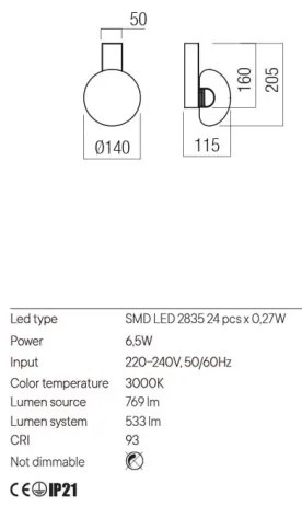 Redo 01-3239 - SINCLAIR LED fali lámpa 6,5W 230V CRI 93 IP21 arany
