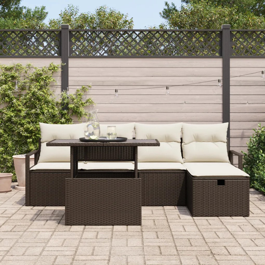 6 darabos Kerti Kanapészett Párnákkal Barna Poly Rattan, 2 személyes Kerti Kanapé Tárolóval &amp; Párnákkal Barna Poly Rattan