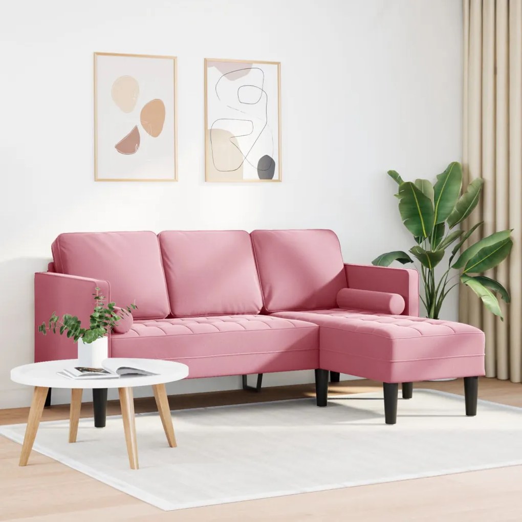 Kerti kanapé padokkal és párnákkal L-alakú rózsaszín bársonyos, 3 személyes kanapé chaise longue világos rózsaszín 160 cm bársonyból, Zsöllye rózsaszín 113x57x39 cm bársonyos