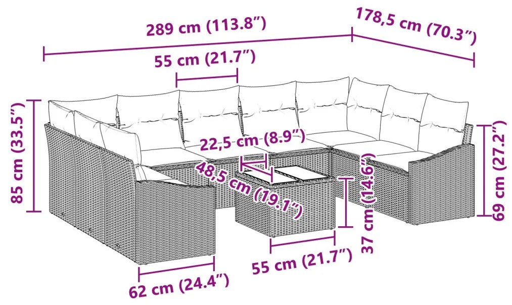10 darabos kerti kanapé készlet párnákkal barna poli rattan