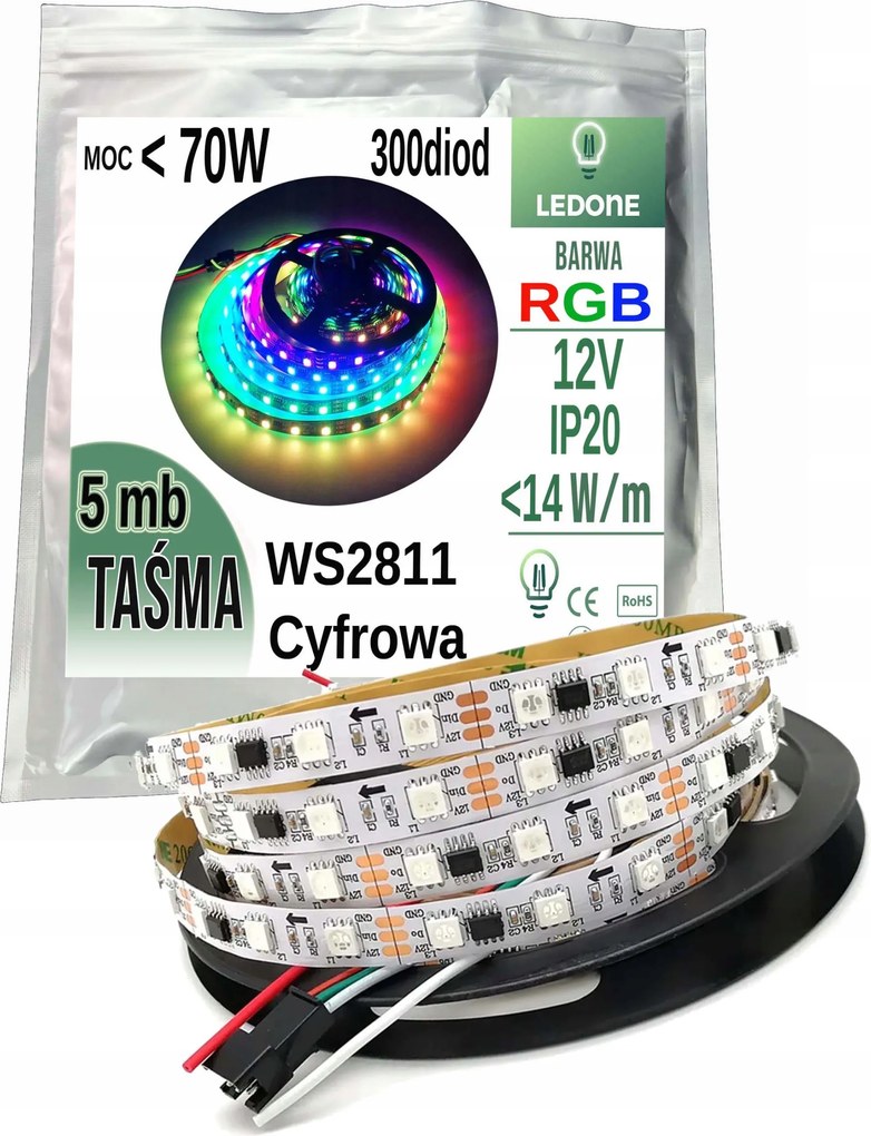 Rgb led szalag IP20 smd 300d 12V 70W Magic WS2811 címezhető digitális 5m