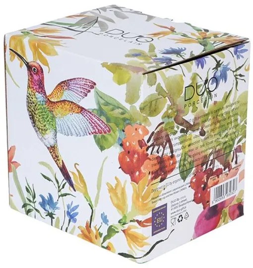 Porcelán egyszemélyes teáskészlet kolibri madaras teáskanna és csésze aljjal