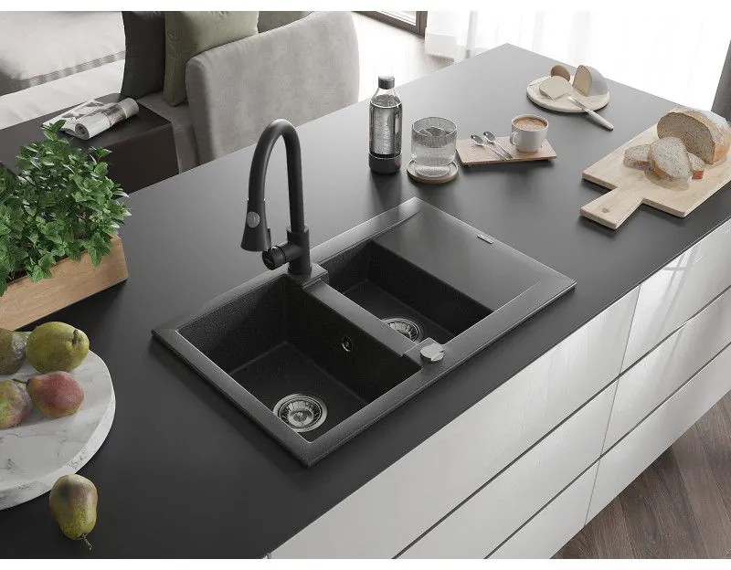 Mexen Gaspar, 1,5 kamrás gránit mosogató 737x475x177 mm és Elia mosogató csaptelep, fekete foltos, 6507-76-670101-70