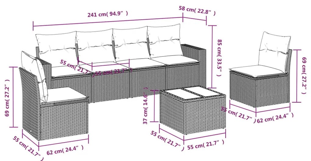 vidaXL 7 részes bézs polyrattan kerti ülőgarnitúra párnákkal
