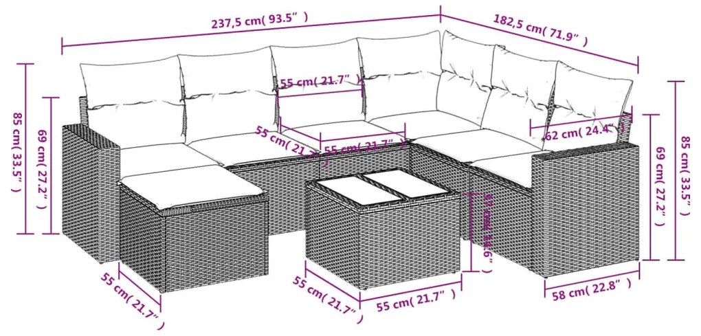 8 részes fekete polyrattan kerti ülőgarnitúra párnákkal