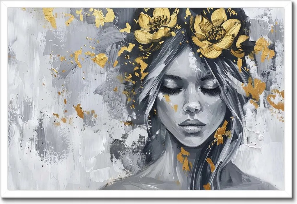 Poszter fehér keretben 60x40 Nő Absztrakt Arany Virág