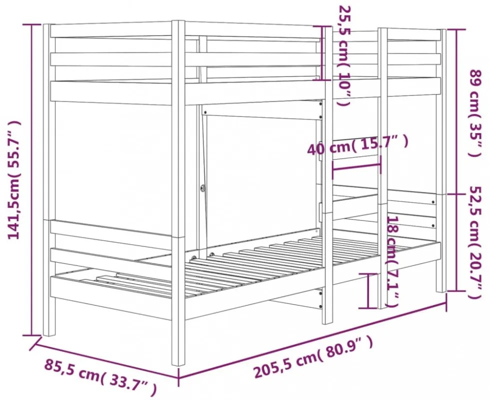 fehér tömör fenyőfa emeletes ágy 80 x 200 cm