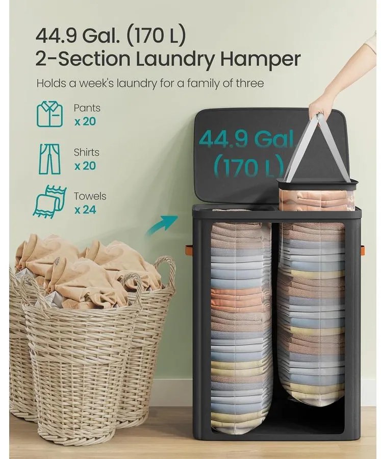 szennyeskosár 2 rekesszel, 170 l, 56 x 40 x 75 cm, fekete