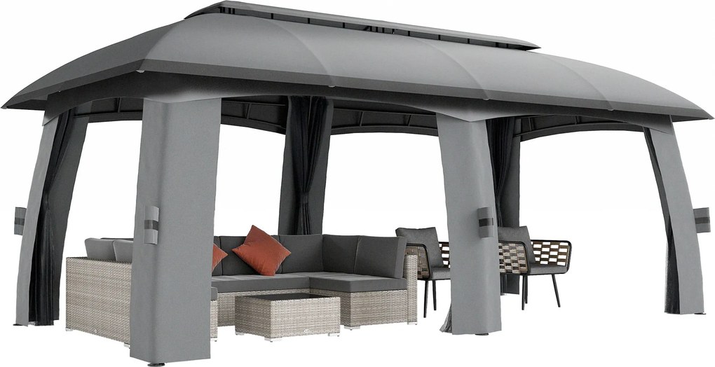 Outsunny Pavilon, 3 x 6 m-es Partysátor Dupla Tetővel, Kertiszín, Sörsátor Szúnyoghálóval, Maximum 15 Fő Részére, Kertbe, Galvanizált Fém, Sötétszürke