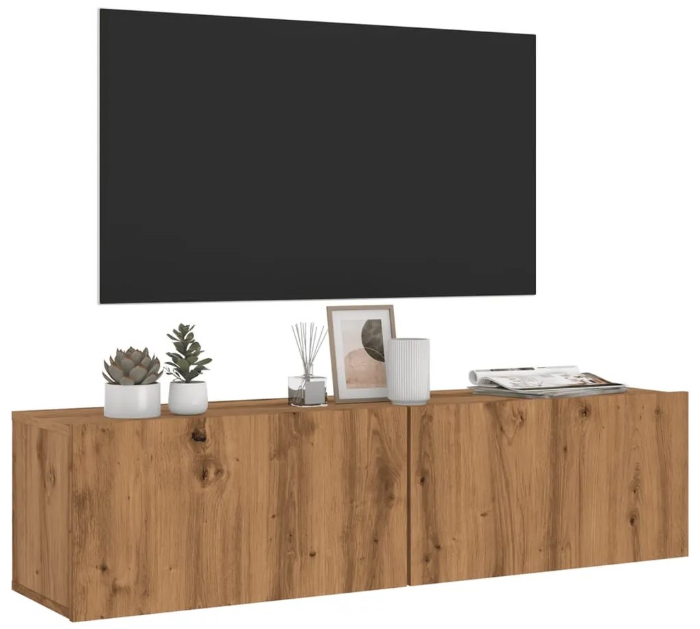 kézműves tölgy színű szerelt fa fali TV-szekrény 120x30x30 cm