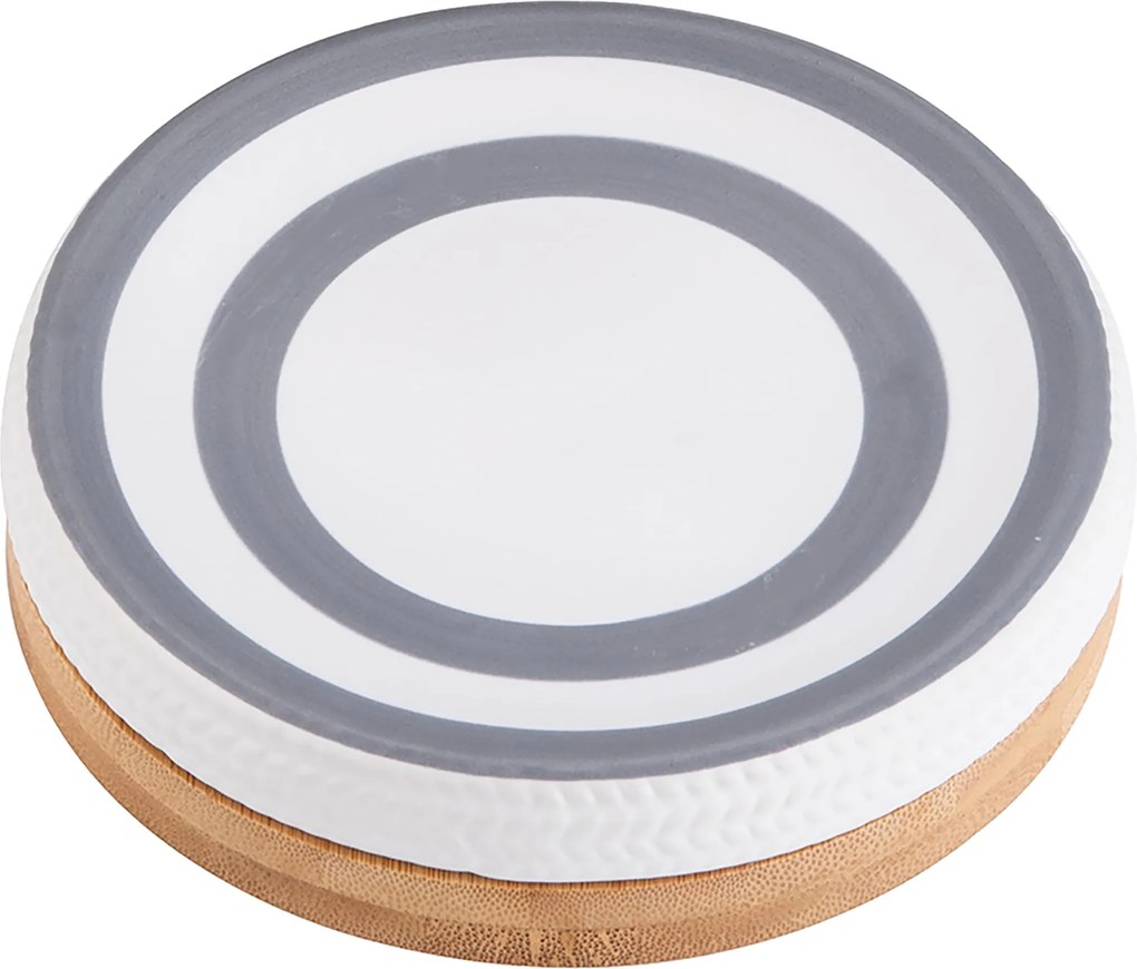 Kerek Fürdőszobaszappantartó, Fehér, Szürke, Bambusz Alap, Kerámia
