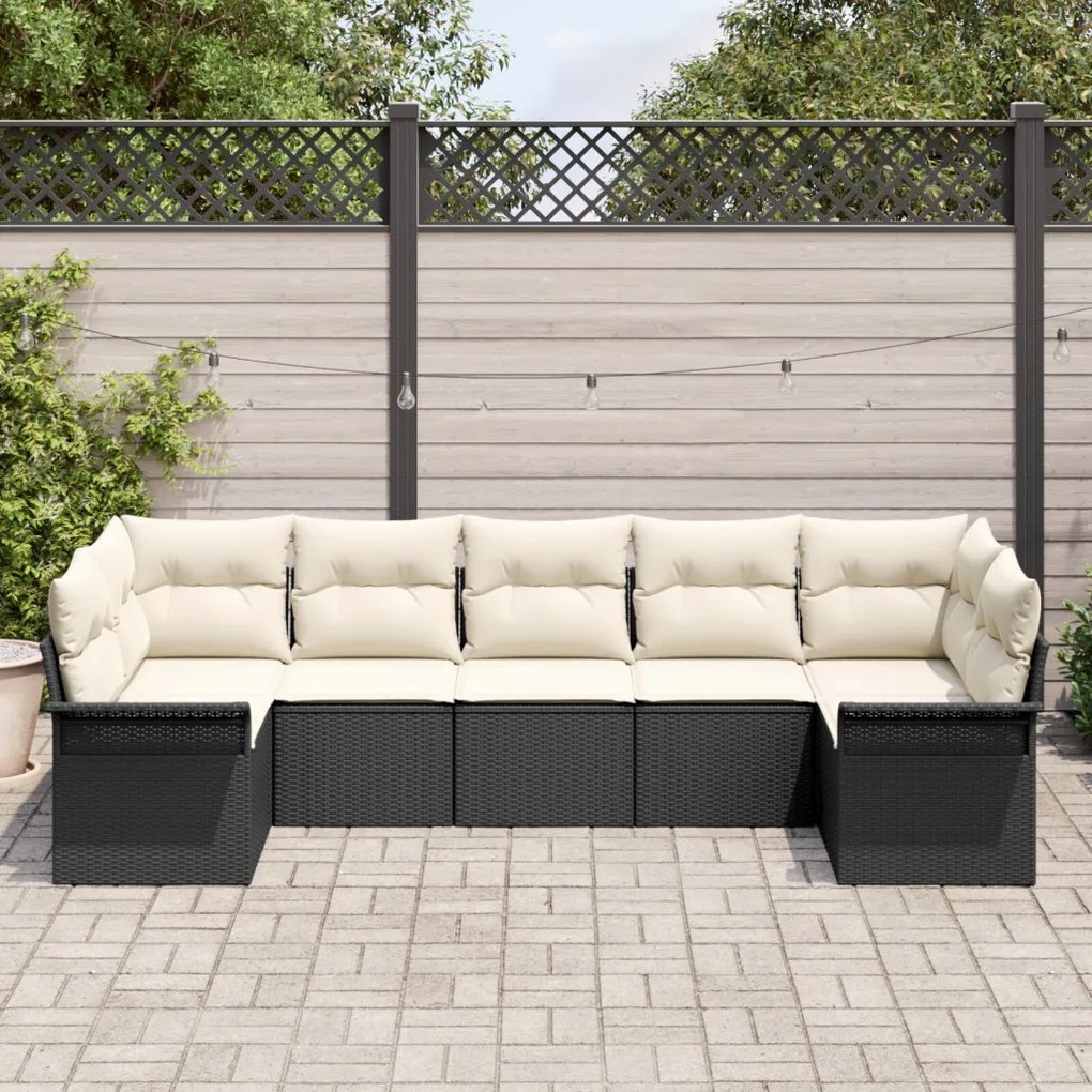 7 Részes Kert Sofaszett Párnákkal Fekete Poli Rattan, 2-Fős Kert Kanapé Tárolóval és Párnákkal Fekete Poli Rattan
