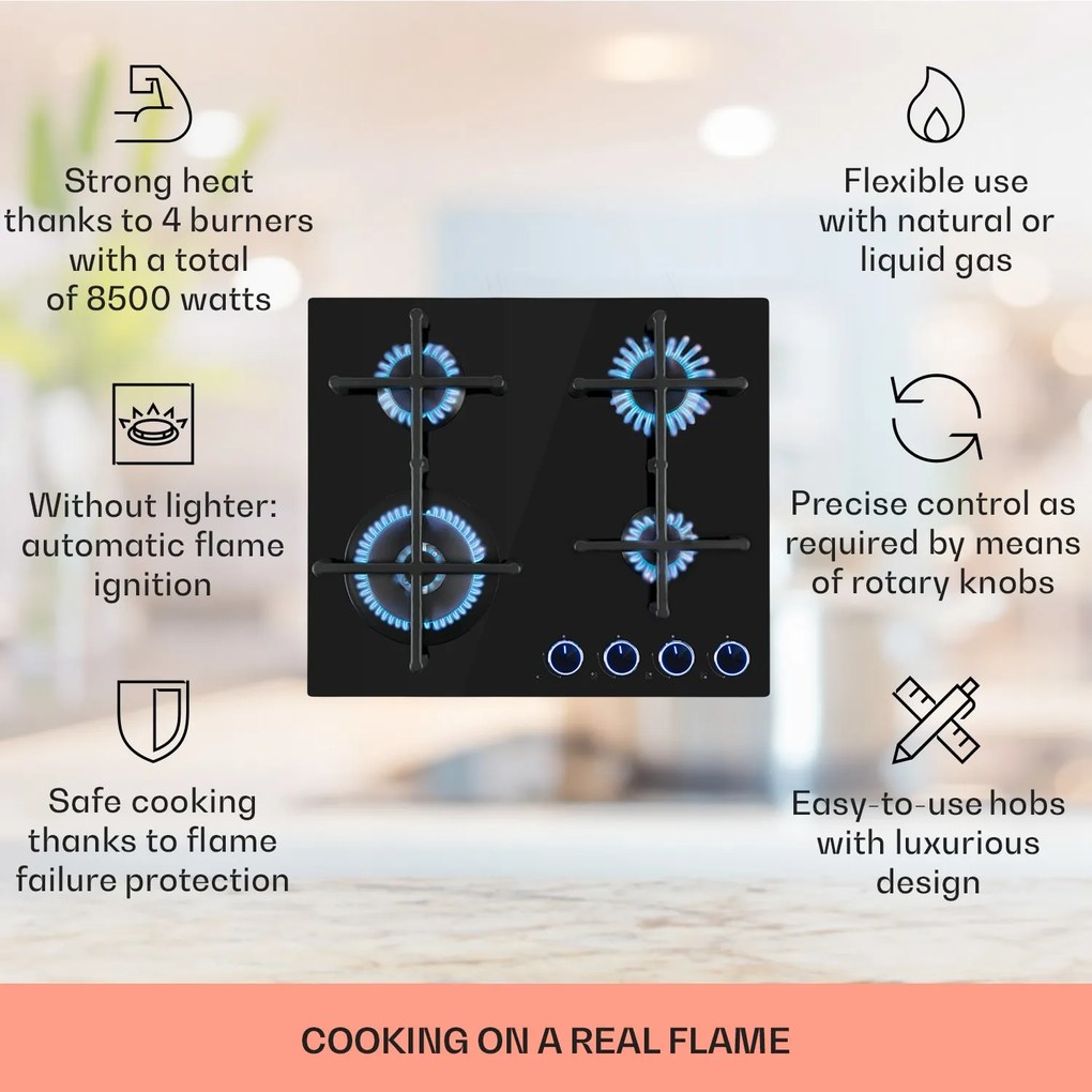 Klarstein Illuminosa 4, gázfőzőlap, 4 Sabaf égő, üvegkerámia