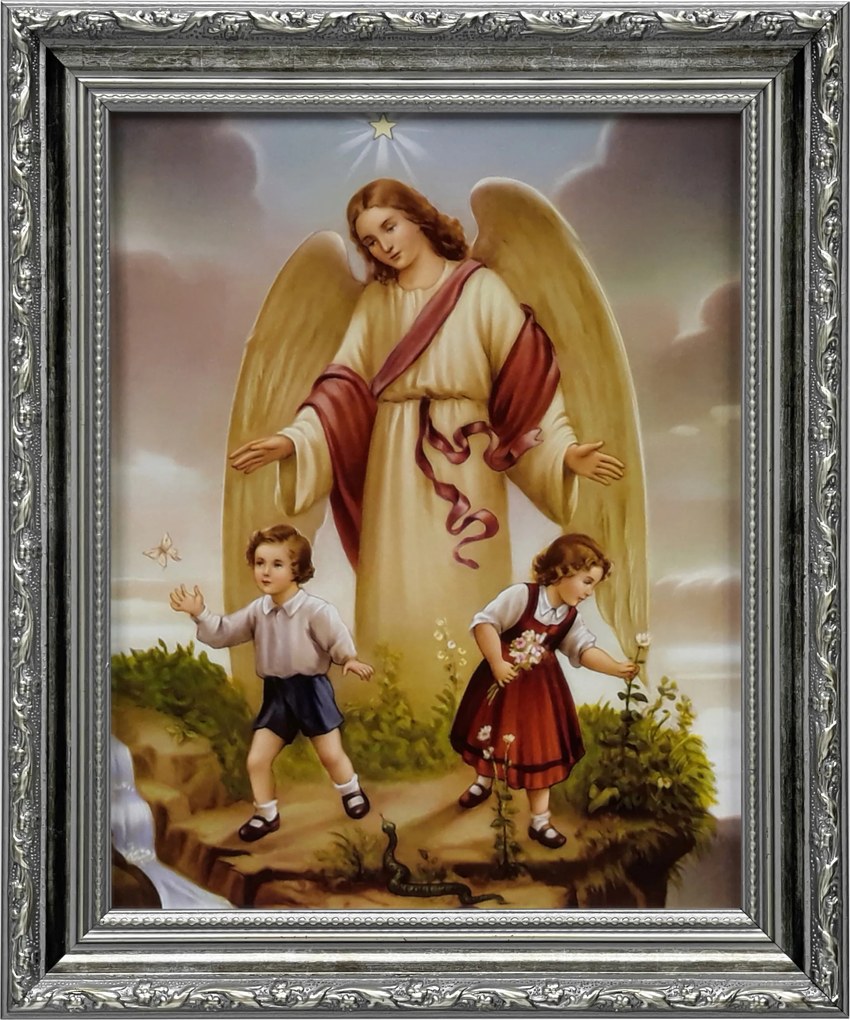 Vászonkép 31x26 Őrangyal Angyal Ezüst Díszített Keresztelő Ajándék Keret