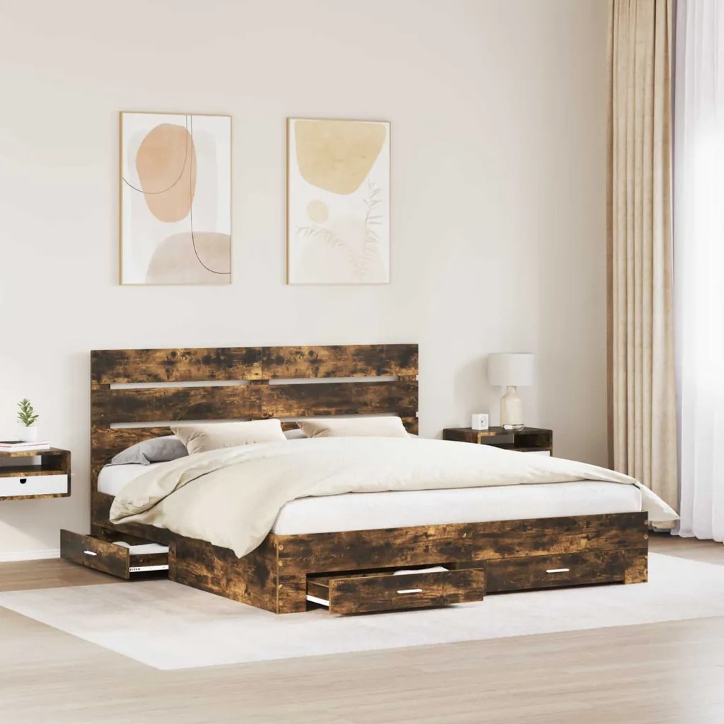 vidaXL Ágykeret fiókkal fejtámlával Füstölt tölgy 180 x 200 cm Faanyag