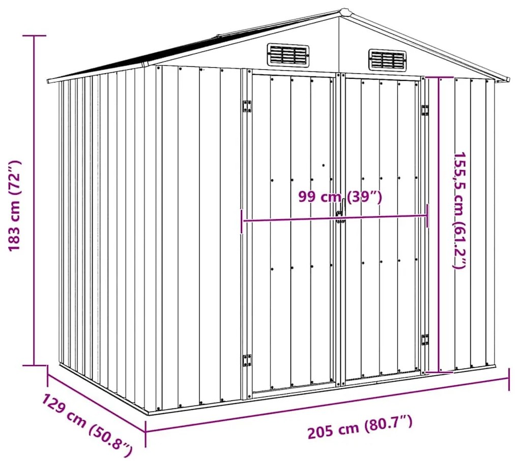 barna horganyzott acél kerti fészer 205 x 129 x 183 cm