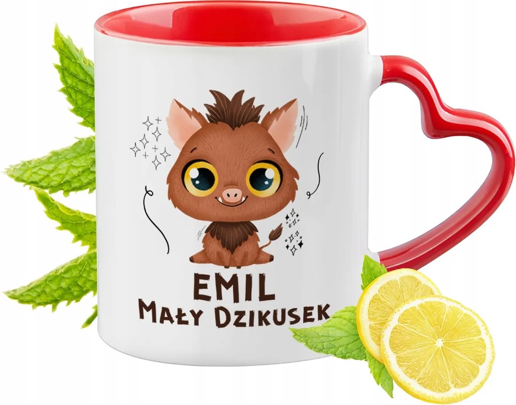 Piros bögre szív alakú füllel Emilnek Ajándék