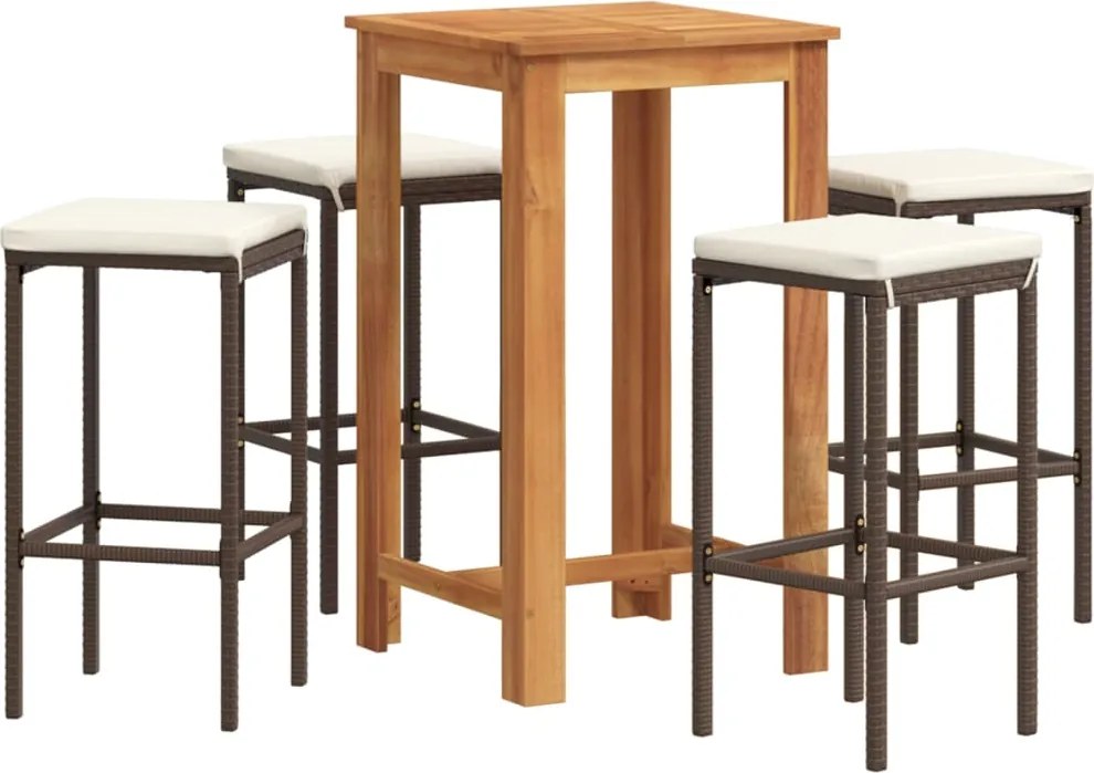 vidaXL 5 részes barna tömör akácfa és polyrattan kerti bárszett