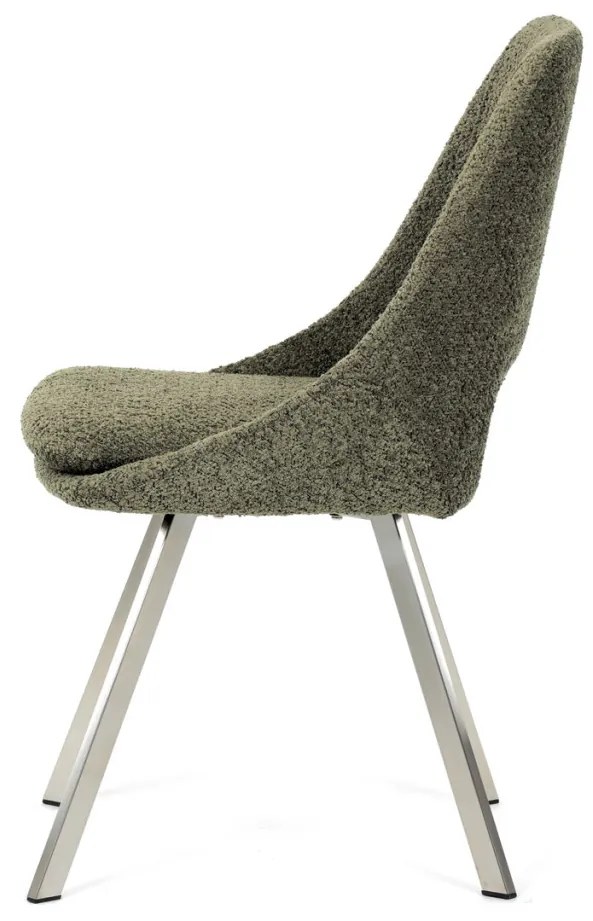 Scaun de sufragerie modern, tapițerie din material verde, picioare metalice, oțel inoxidabil periat.
