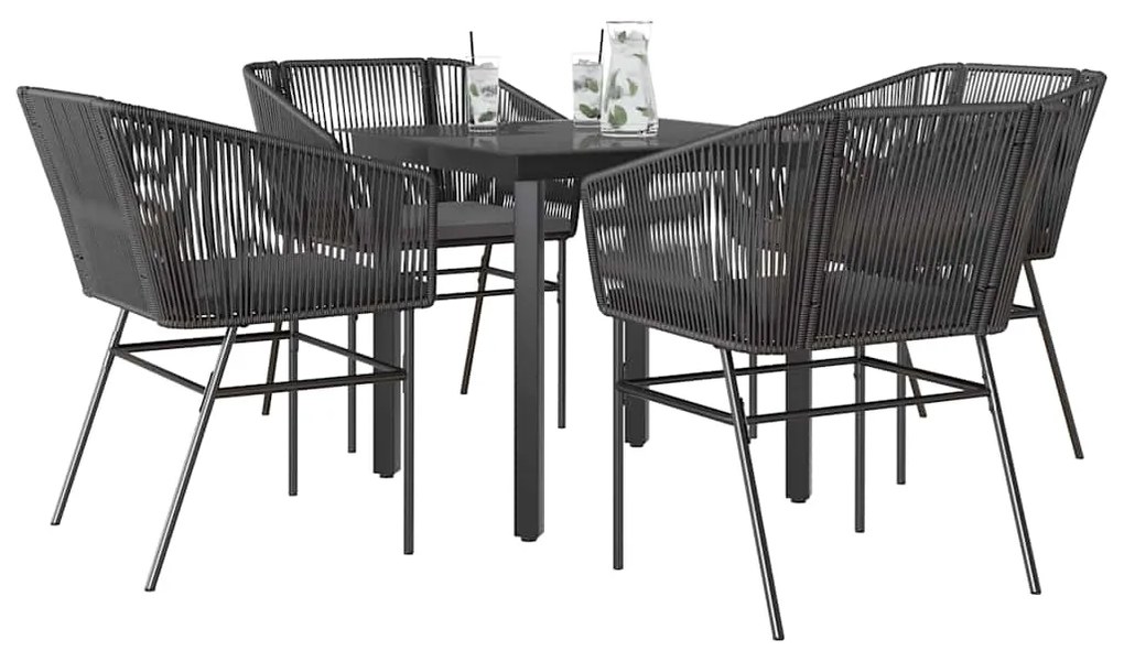 vidaXL 5 részes fekete polyrattan üveg kerti étkezőgarnitúra párnákkal