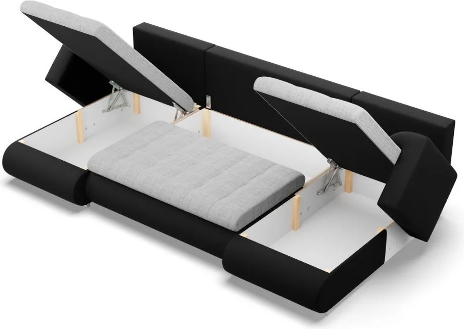 Tokio U alakú sarokkanapé, 3 ágyneműtartóval, fonott + műbőr, univerzális oldal, szürke - fekete