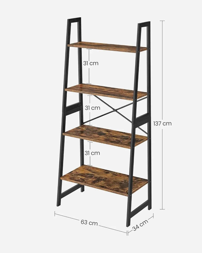 VASAGLE 4 szintes könyvespolc rusztikus barna és fekete színben, 63 x 34 x 137 cm