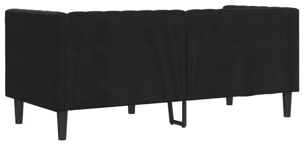 2 személyes fekete bársony Chesterfield kanapé hengerpárnákkal