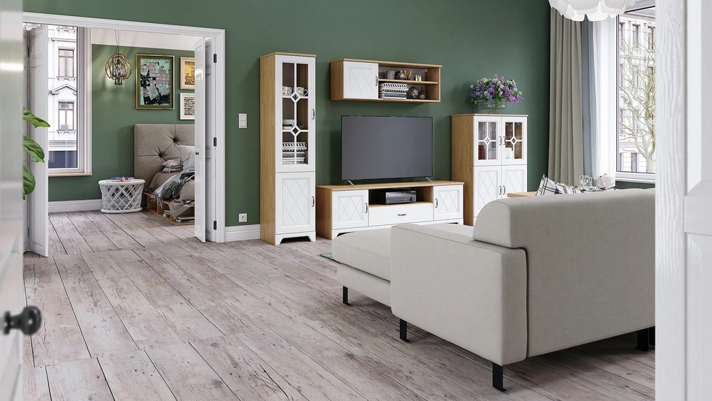 Mazzoni PROVENZA D2SZ1 TV-állvány Kőtölgy/Fehér Matt - TV-ÁLLVÁNY NAPPALIBA RETRO