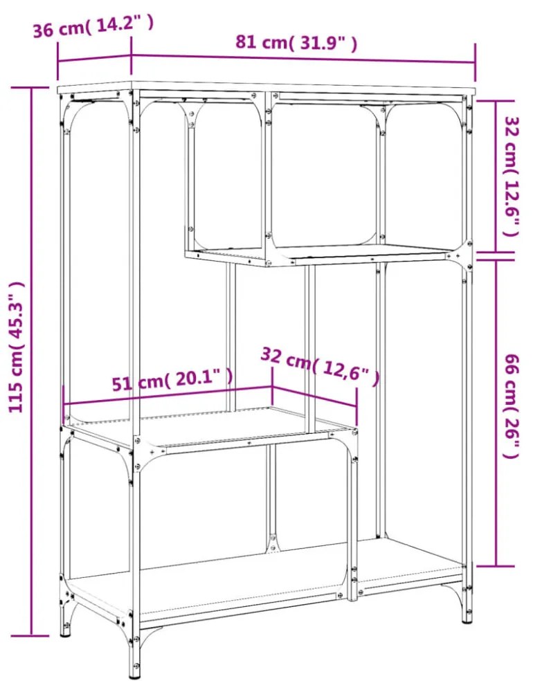 füstös tölgy szerelt fa és acél könyvespolc 81x36x115 cm